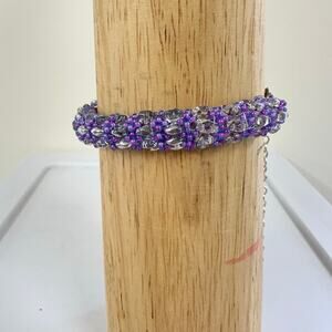 Boho Handmade Purple Silver Beaded Bracelet Gift Box Adjustable Jewelry 7” - 10”